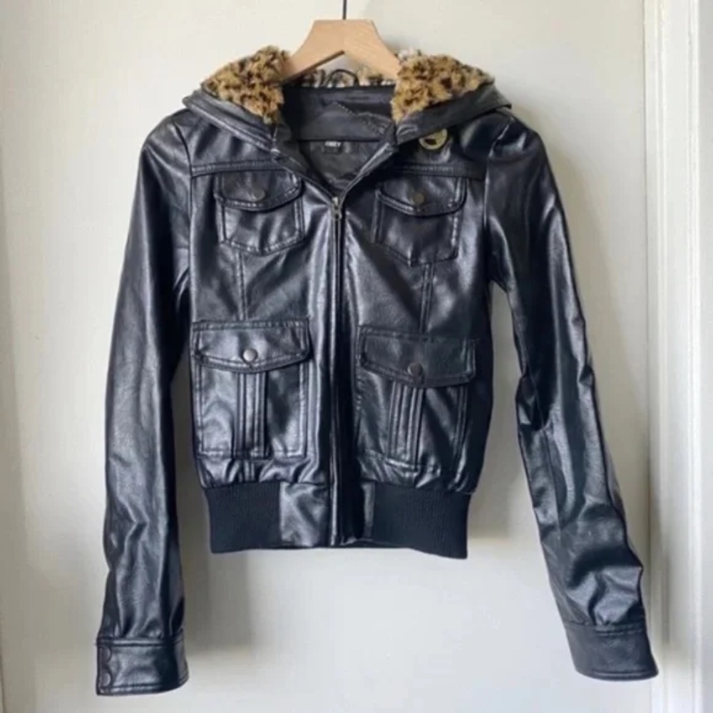 Obey | Black Vegan Leather Hooded Bomber Jacket